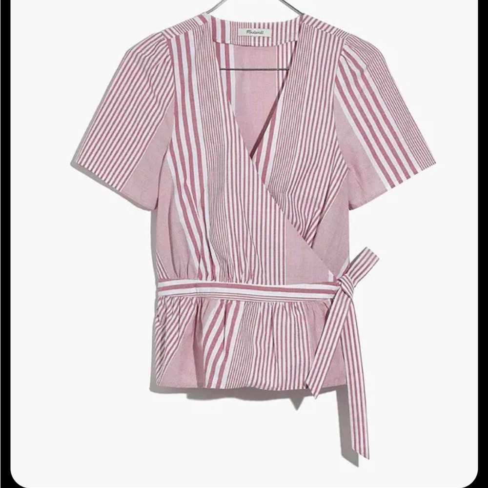 Madewell Ruffle Hem Wrap Top In Mix Stripe Sz M J7930 Deep Crimson